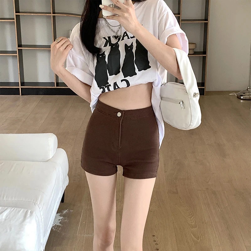 

High Waist Elastic plus Size Denim Shorts Women's Summer Slimming Trendy Hot Pants Brown Cowgirl Shorts Super Short Cotton St...