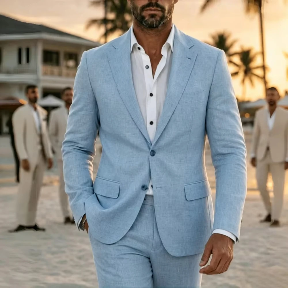 Elegant 2 Pieces Lightweight Linen Suit Separates Jacket with Pants for Men Summer Wedding Groom Tuxedo
