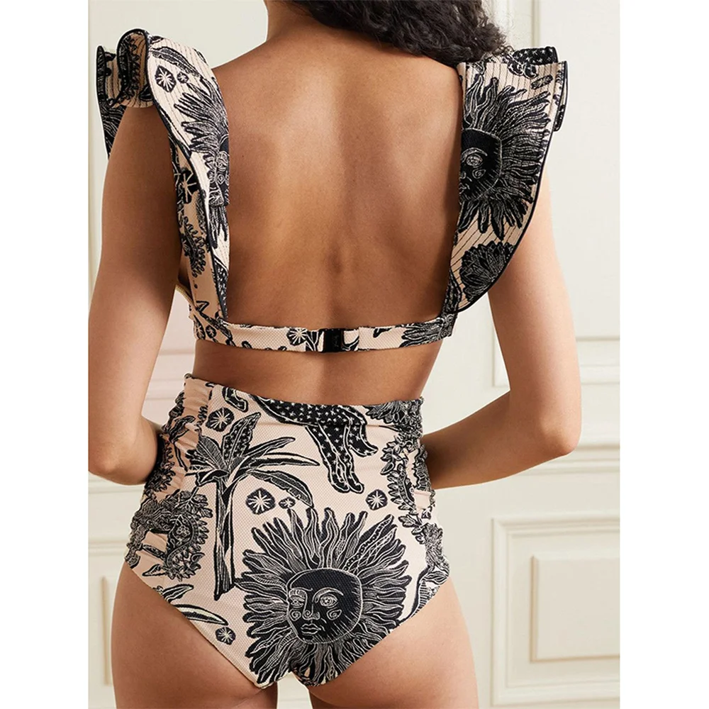 Women\'s Swimsuit Fashion Backless Two Piece Bathing Suit Summer High Waist Lace Up Beachwear Sexy Ruffle V Neck Beach Bikini