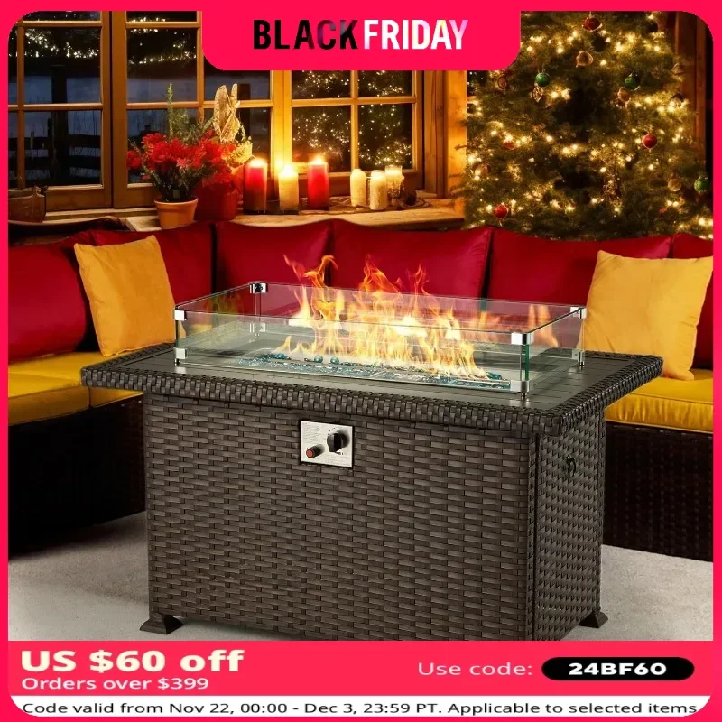 

Propane Fire Pit Table, 50 Inch 50,000 BTU Auto-Ignition Gas Fire Pit Table Rectangular, Wind Guard,Cover,Wood Plastic Tabletop