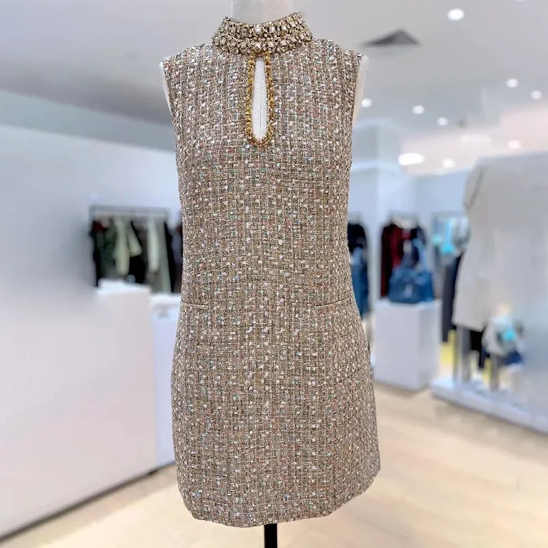 

Spring Summer Stand Collar Luxury Tweed Dress Loose Fashion Sweet Shiny Nail Drill Small Fragrance French Elegant Short Dress