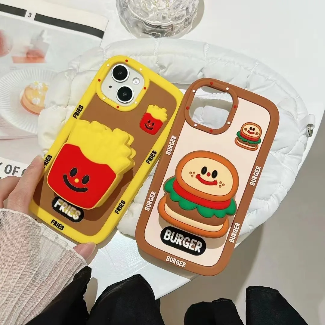 New 3D Cute Fries, Hamburger, Telescopic Bracket Phone Case For iPhone 11, 12, 13, 14, 15 Pro Max, Soft Silicone Case, Back Skin