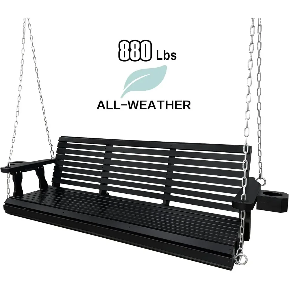 Wooden Swing 3 Seater, Bench Swing with Cup Holder, Hanging Chain & 7mm Spring, Heavy Duty 880 lbs, Outdoor, Patio