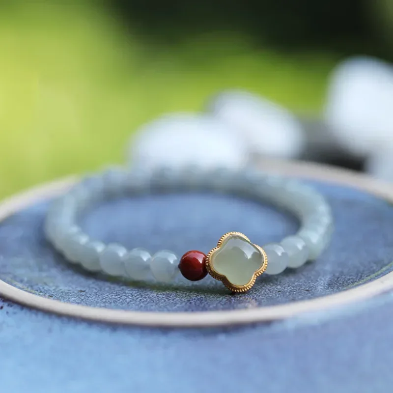 

Smoke purple hetian jade single ring hand string women south red agate four leaf clover lucky bracelet girl elegant small fresh