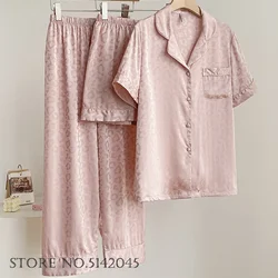 Sexy Pink Leopard 3PCS Pajamas Set Sleepwear Summer New Female Pyjama Trouser Suits Loose Casual Satin Lounge Wear Home Clothes