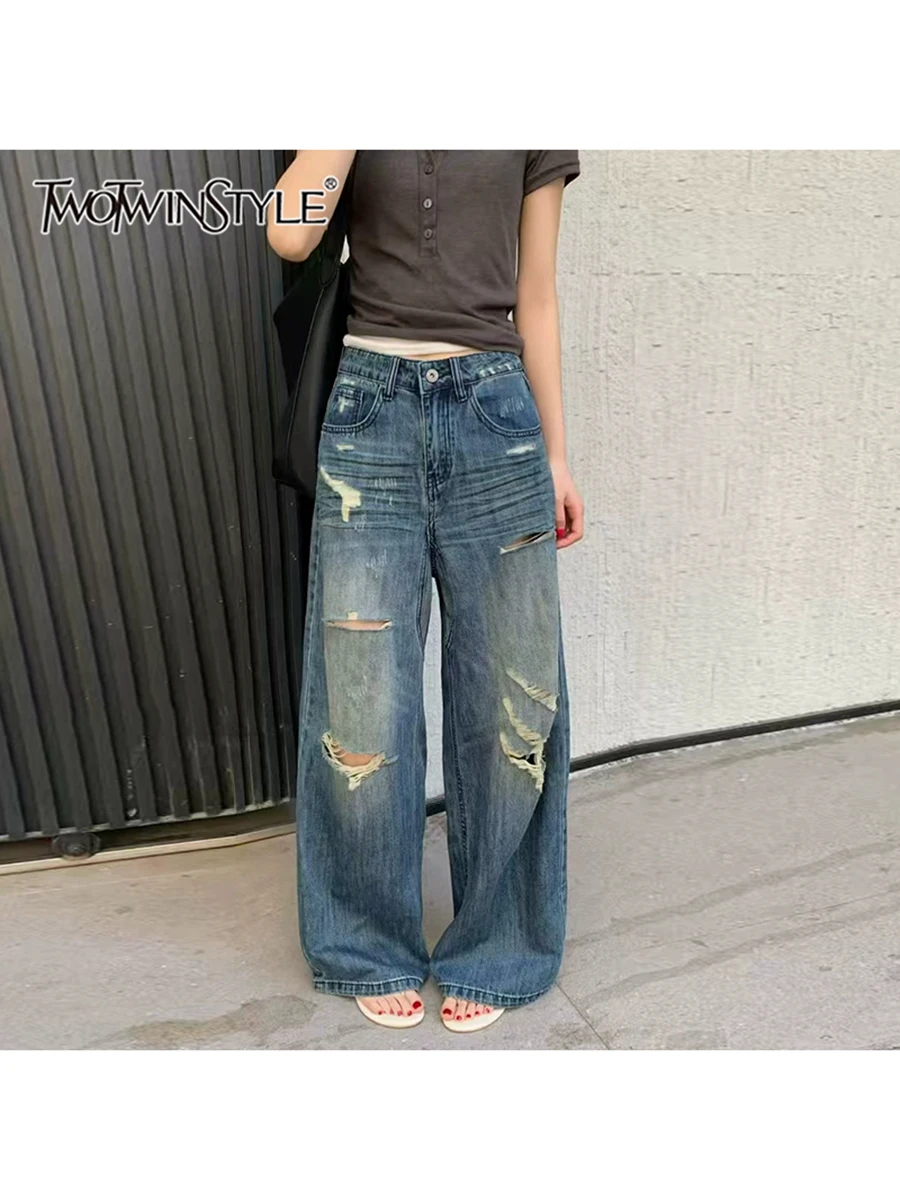 

TWOTWINSTYLE Solid Designer Hollow Out Pants For Women High Waist Patchwork Pockets Casual Straight Pant Female Fashion Clothing