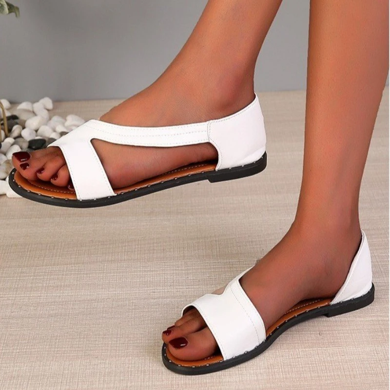 2024 White Fashion Women\'s Sandals Summer Slip-on Casual Shoes Women New PU Leather Outdoor Flat Sandals Ladies Zapatos Mujer