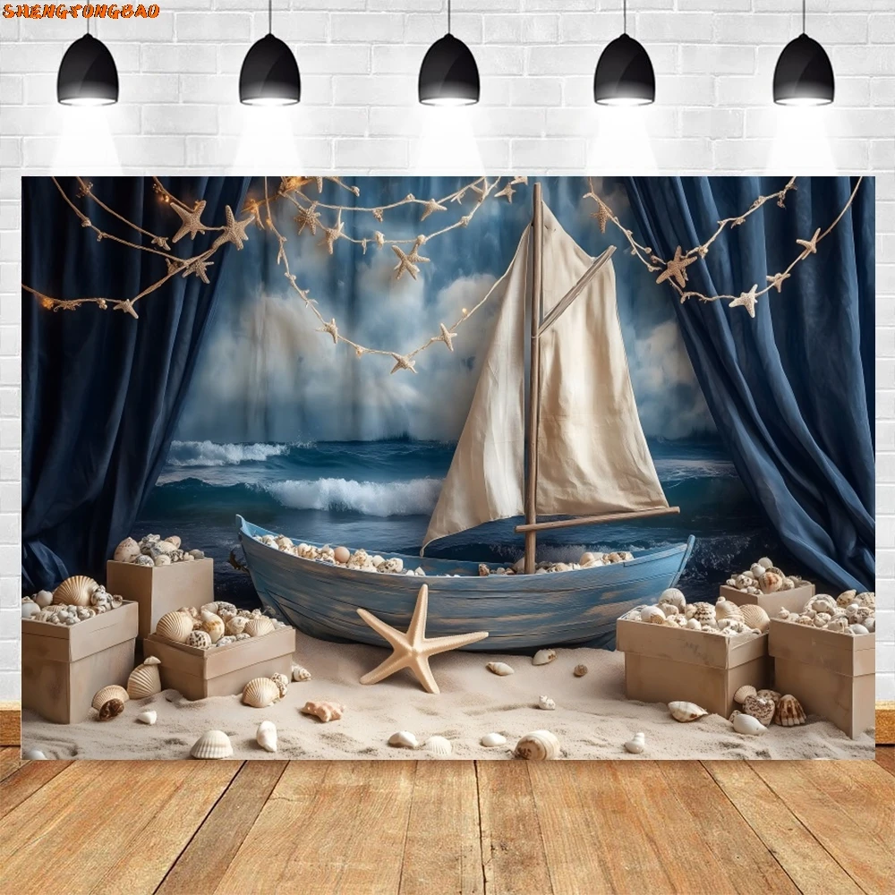 Toile de fond de photographie sur le thème de la voile d'été, voilier en bois, décoration de fête d'anniversaire pour enfants, fond de portrait d'enfants, plage
