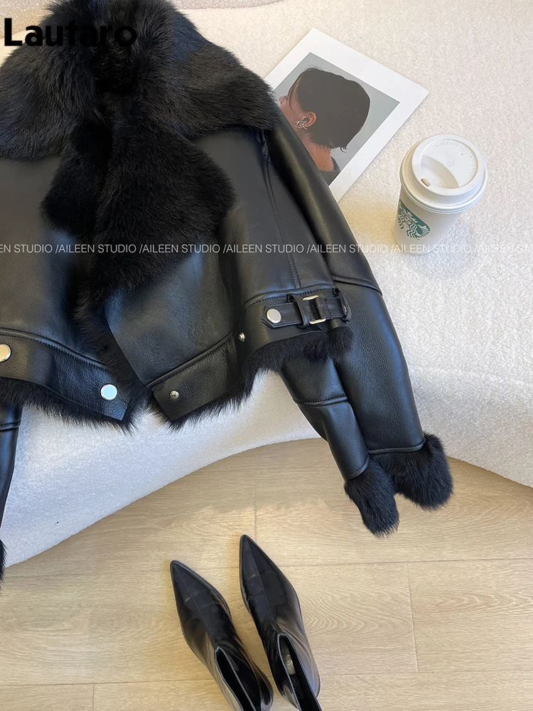 Lautaro Autumn Winter Cool Short Loose Black Thick Warm Soft Hairy Faux Sheepskin Coat Women Luxury Designer Fluffy Jacket 2024