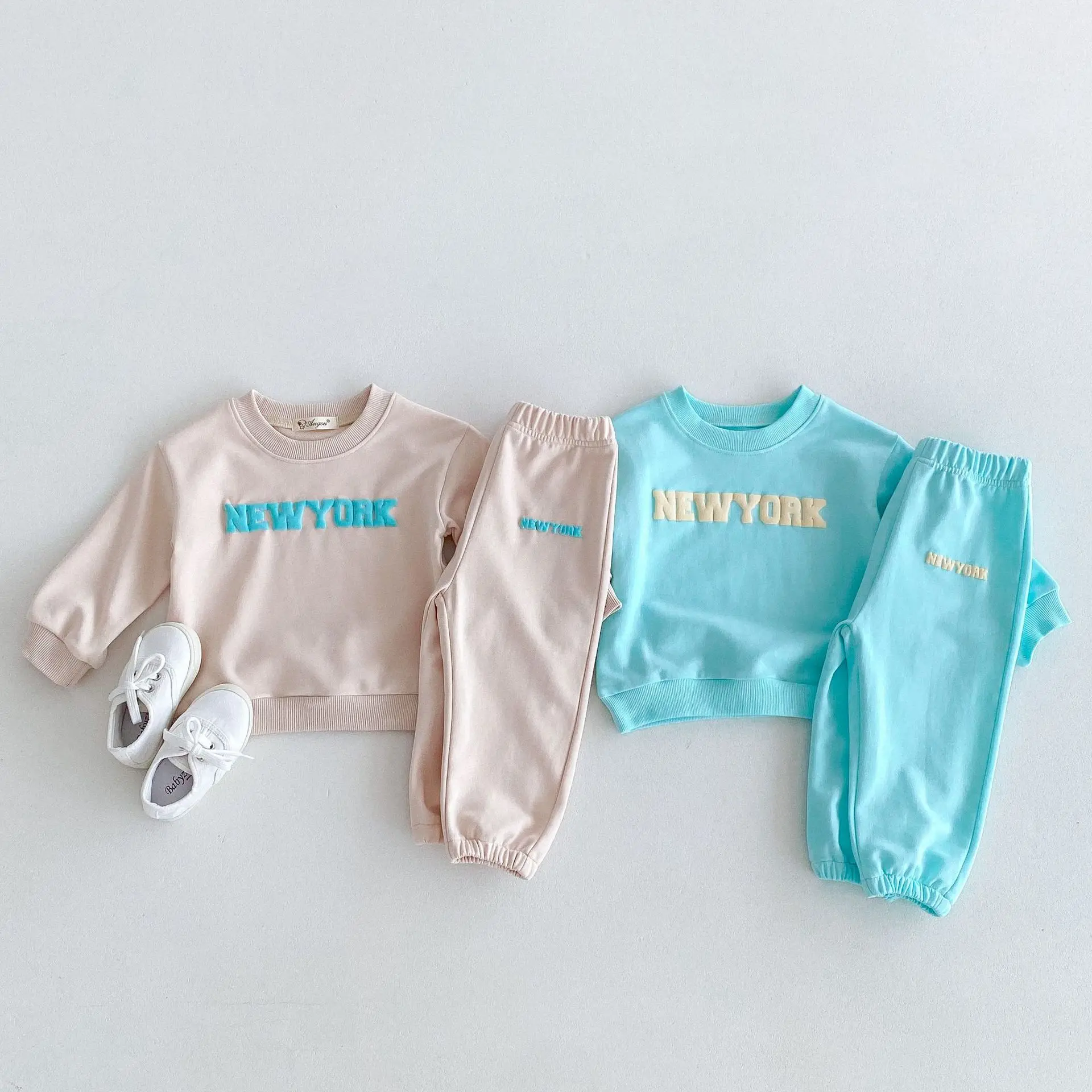 Children Clothing Set Autumn 2024 New Fashion Korean Style Cotton Solid Color Letter Long-sleeved Hoodie Trousers Two-piece Set