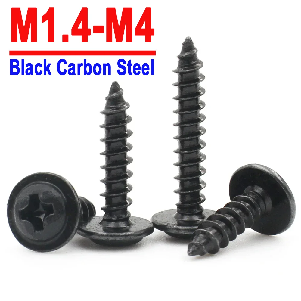 

50/100/200pcs M1.4 M1.7 M2 M2.3 M2.6 M3 M3.5 M4 Mini Black Carbon Steel Phillips Cross Round Head with Washer Self Tapping Screw