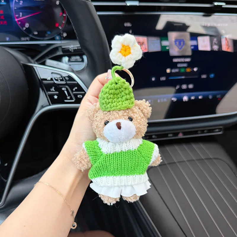 Korean-style Cute Handmade Crocheted Flower Hat Plush Bear Keychain cartoon Sweater Teddy Bear Bag Pendant for Women view 3