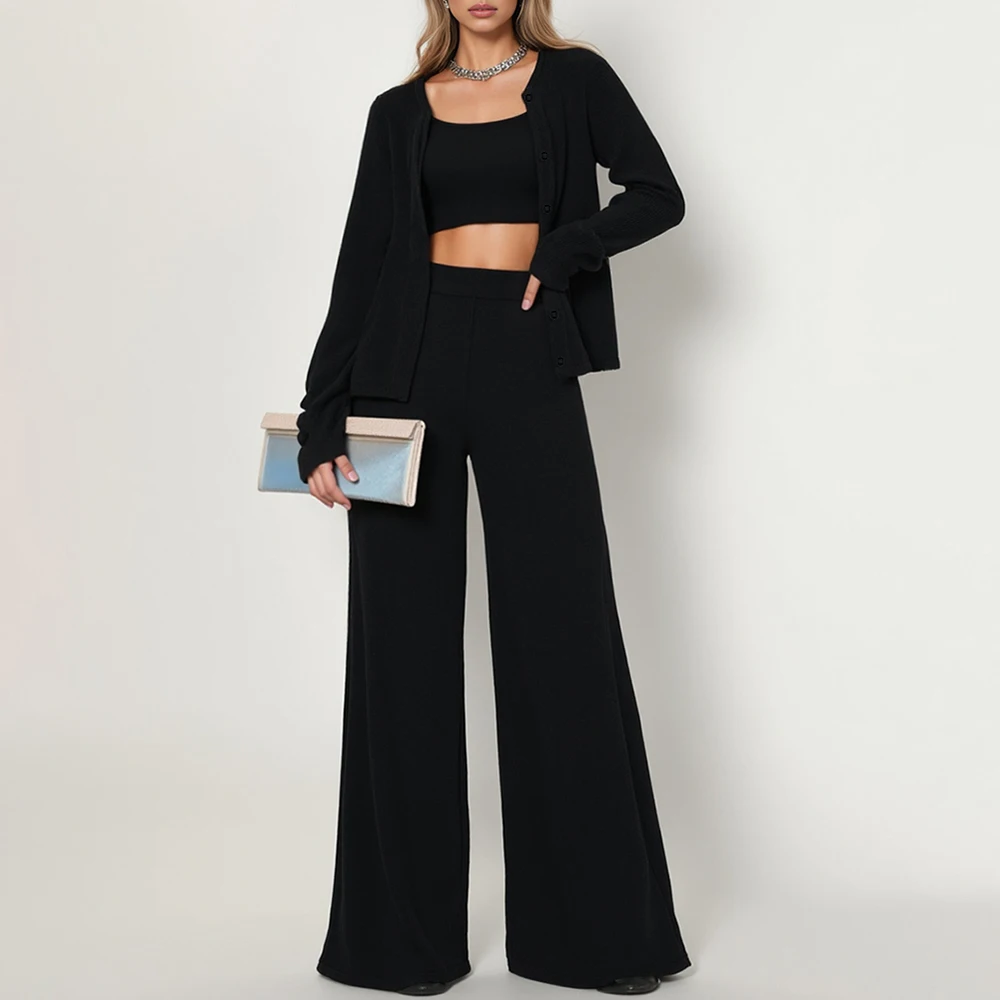 

Mia Muse Women's Sets Autumn Casual Office Lady Simple Plain Open Front Long Sleeve Crew Neck Full Length Daily Pants Sets