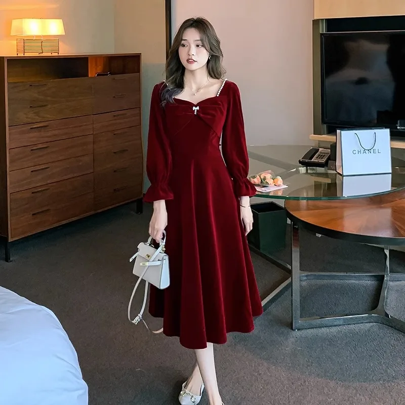 

Autumn and Winter Women Dress Vintage Burgundy Corduroy Elegantly Premium Dresses Female Party Dress Engagement Dresses