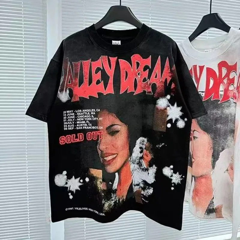 Camisetas negras lavadas VALLEY para hombre, camisetas con estampado de retrato de estilo americano, camisetas de gran tamaño de algodón puro Valley para mujer