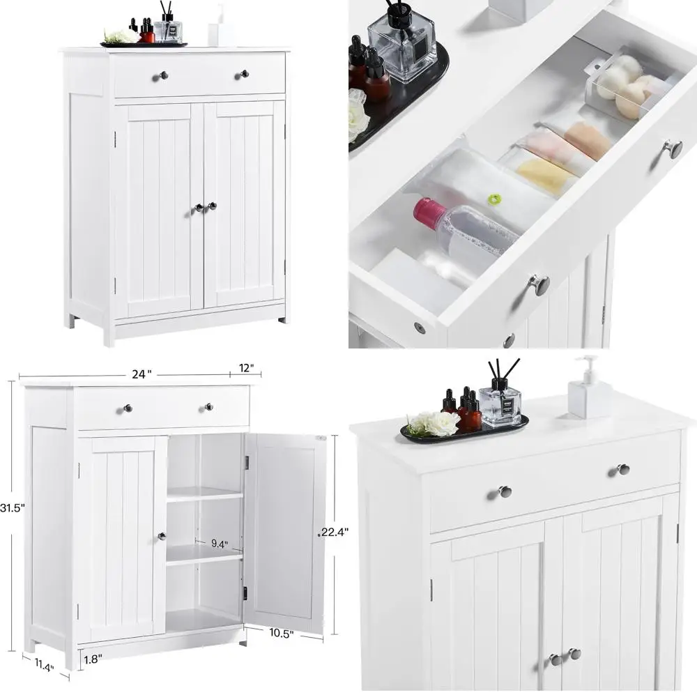

freestanding wooden bathroom cabinet with drawer, 2 doors, adjustable shelf, entryway storage
