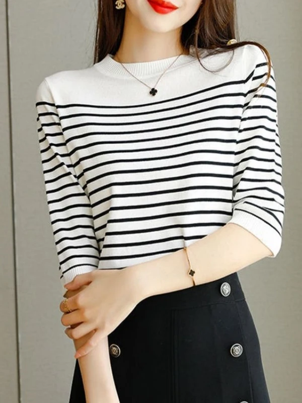 

Black White Striped Knitwear round Neck mid Sleeve Women's T Shirt Summer Versatile Loose Slimming Large Size Fashion Splicin...