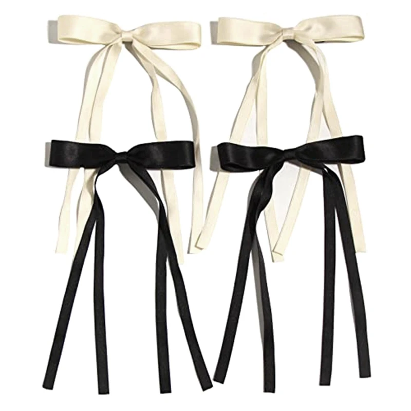 4Pcs Hair Clips For Women Ribbon Bowknot With Long Tail, Clip Girl, Solid Accessories Barrettes Claw Bow