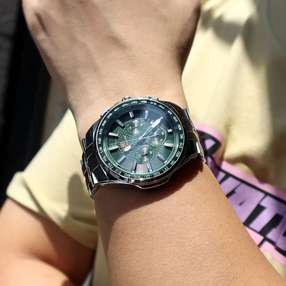 MINI FOCUS 0613 ساعة كوارتز رجالية عادية متعددة الوظائف مقاومة للماء كرونوغراف مضيئة يد حزام من الفولاذ المقاوم للصدأ تاريخ التقويم