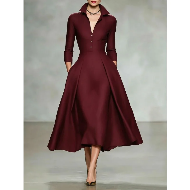 Elegantes Damen-Midikleid mit Hemdkragen, langen Ärmeln, V-Ausschnitt, Knopfleiste vorne, A-Linien-Schnitt, ausgestellter Rock und Taschen – ideal für Büro, Party oder formelle Anlässe. – Detail 5