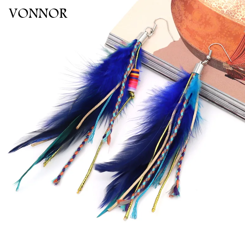 VONNOR Jewelry Long Earrings for Women Boho Hyperbole Feather Drop Earrings Hanging Female Girls Gifts