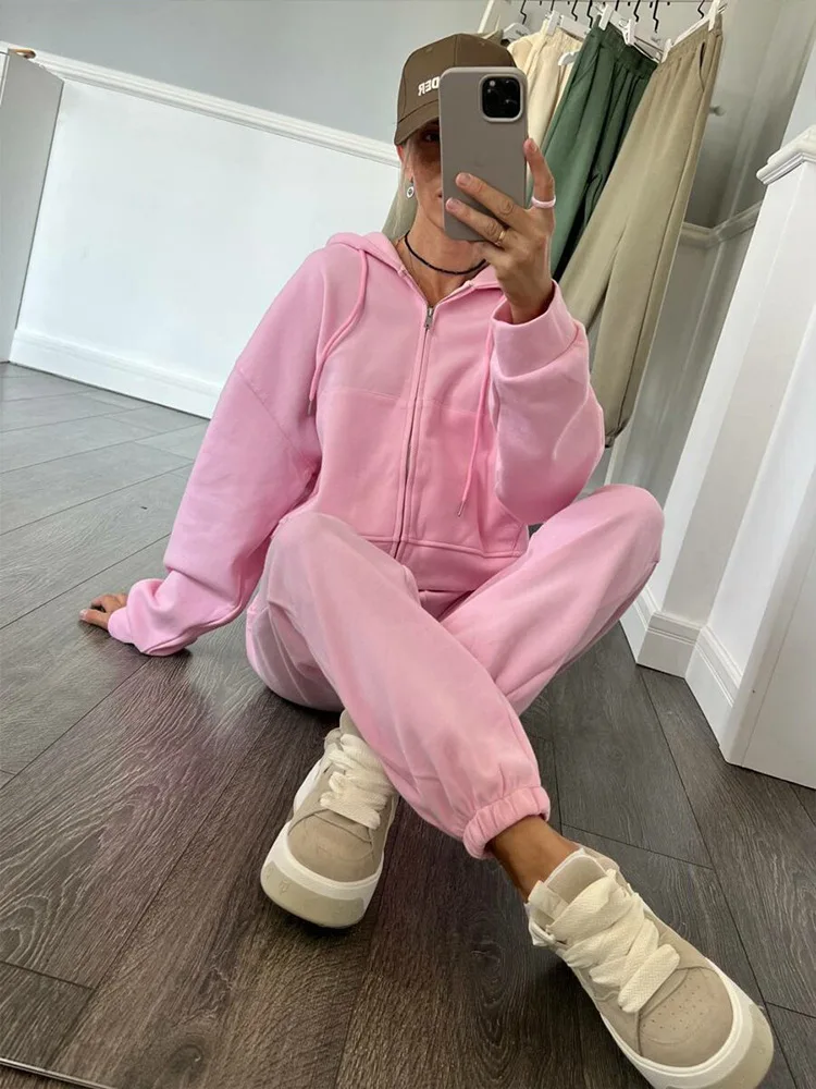 Women’s Tracksuit Hooded Zip Sweatshirt Pockets Elastic Waist Pants Two-Piece Thick Sports Casual Set CyberStreetOne pink
