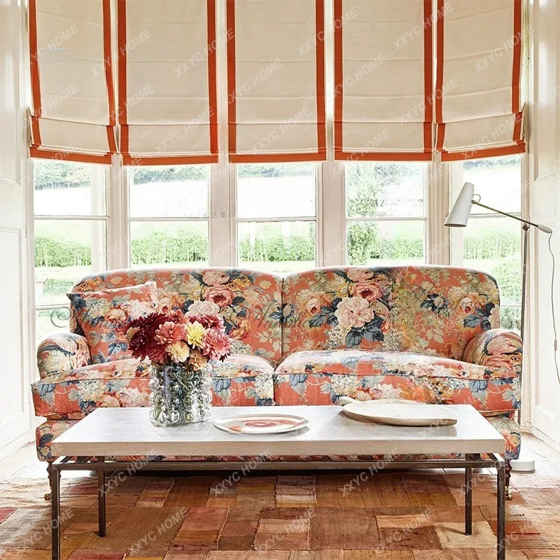 New Chinese Style Printed Sofa Straight Row Sofa Retro Living Room Lounge Sofa