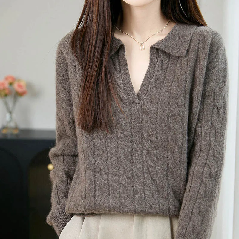 

100% Wool Women's Open-Neck Twisted-Pattern Loose Pullover Sweater, Deduce a Casual and Lazy Style