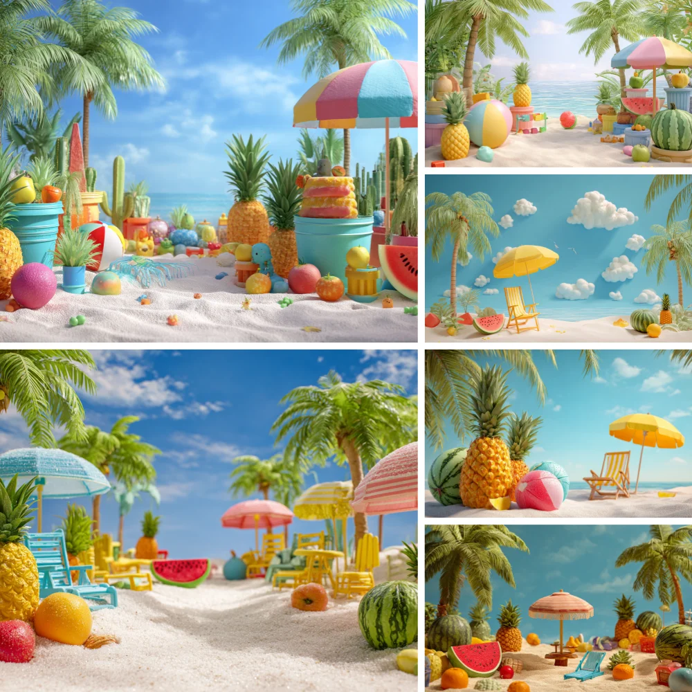 

Summer Seaside Tropical Fruits Background Blue Sky White Clouds Sunshine Beach Palm Trees Holiday Camping Party Photo Backdrop