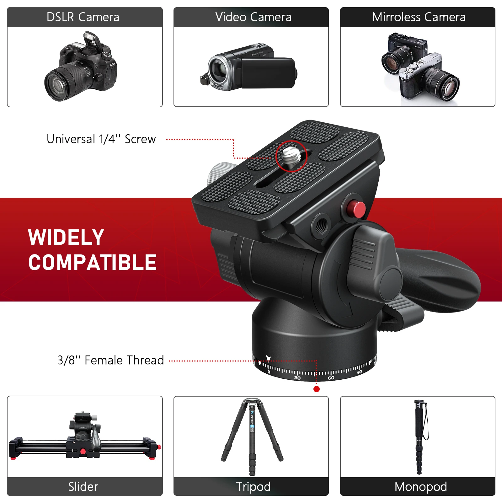 Video Head Hydraulic Fluid Handle Adjusta Panoramic Mini Tripod Head for Camera Mount V1N EVUMO Arca Swiss Q.R Plate Load 4kg