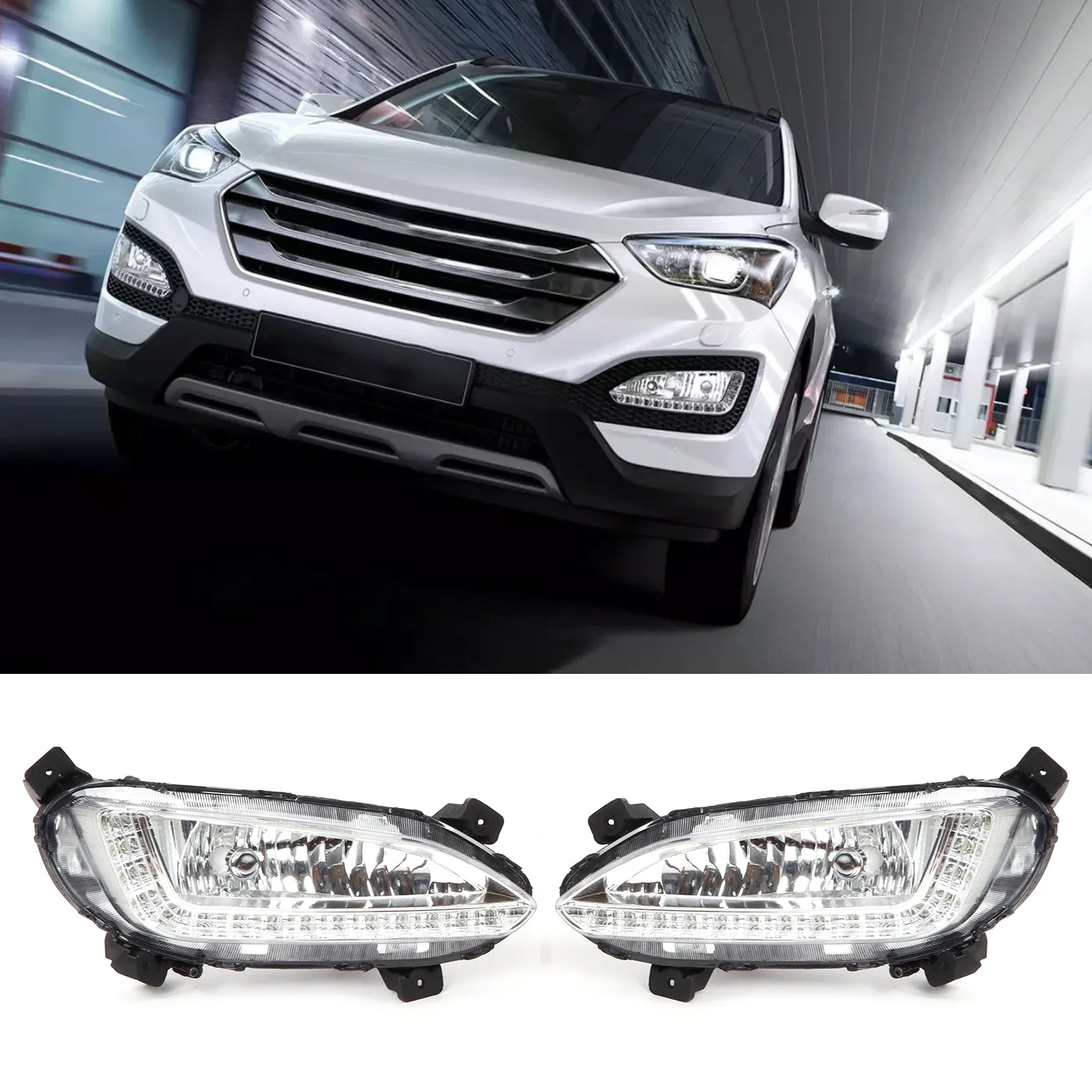 

Moaodo 2 Pcs LED Daytime Running Lamp Fog Light Replacement for IX45 Santa Fe Two Hole 2013 ‑ 2015