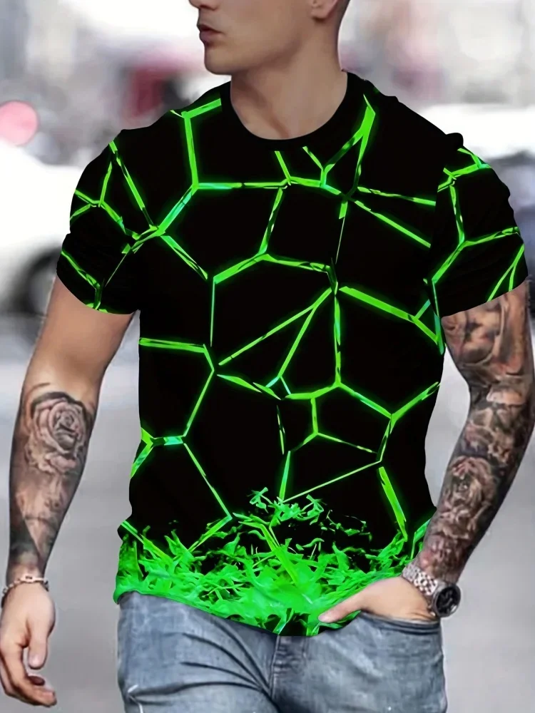Modisches Neues Herren Neon-Hexagon-Print T-Shirt Leuchtendes Geometrisches Grafik-T-Shirt Sommer Lässiges Kurzarm-Oberteil