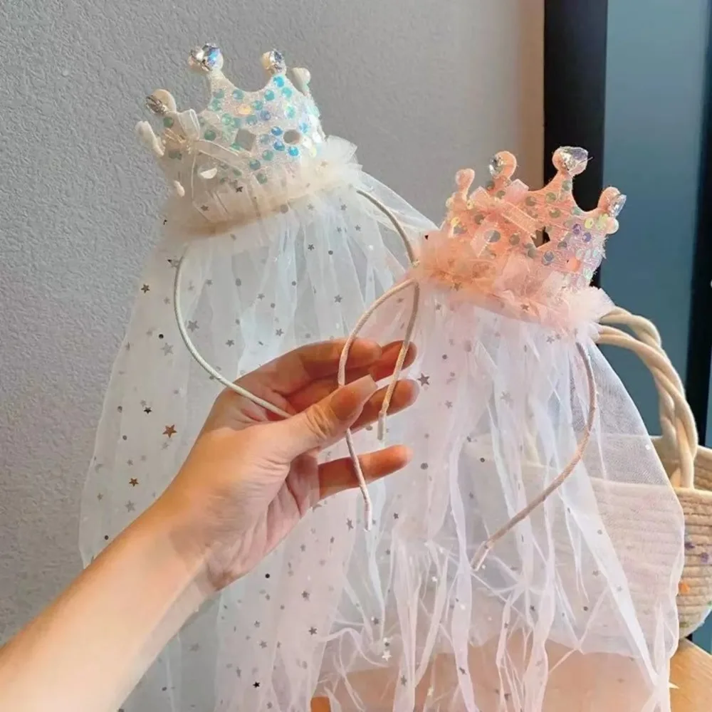 1PC Pink/White Sequin Princess Crown Veil Headband Sparkly Tulle Hair Accessory for Cute Girl's Party Dress up image 6