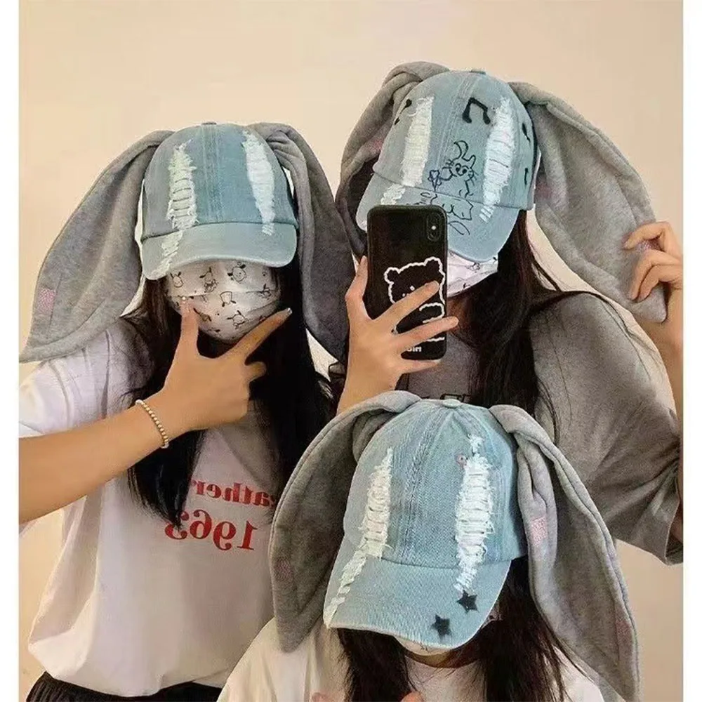 Jeans MinJi Haerin OMG Stage Long Rabbit Ear Hat Y2K Style Denim Blue Baseball Cap Fashion Hip-Pop Cap Couple Birthday Gifts