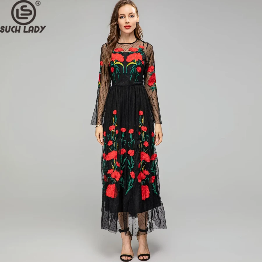 Vestidos femininos o pescoço mangas compridas bordado floral em camadas elegante moda maxi vestidos