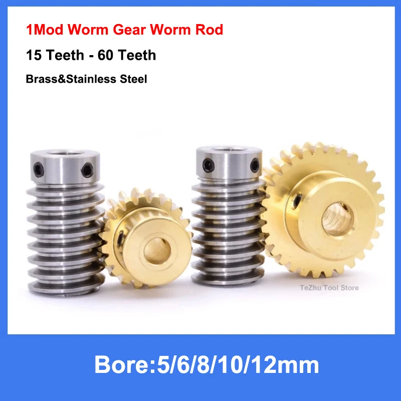 

1Pcs 1M 15T-60T Brass Worm Gear Wheel Stainless Steel Worm Rod 1 Modulus 15 Teeth-60 Teeth Worm Gear Bore 5/6/8/10/12mm