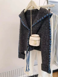 Preppy Style Navy Collar Knitted Cardigan Jacket Women's Autumn Winter New Long-sleeved Loose Sweater Coat