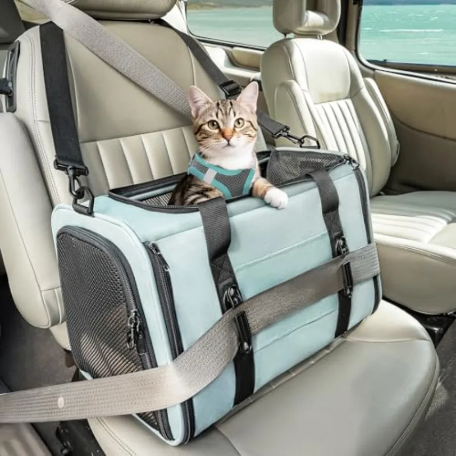 

Soft-Sided Cat Carrier with Patented Safety Buckles Lockable Zippers and Safety Tether Escape-Resistant Travel Pet Carrier for