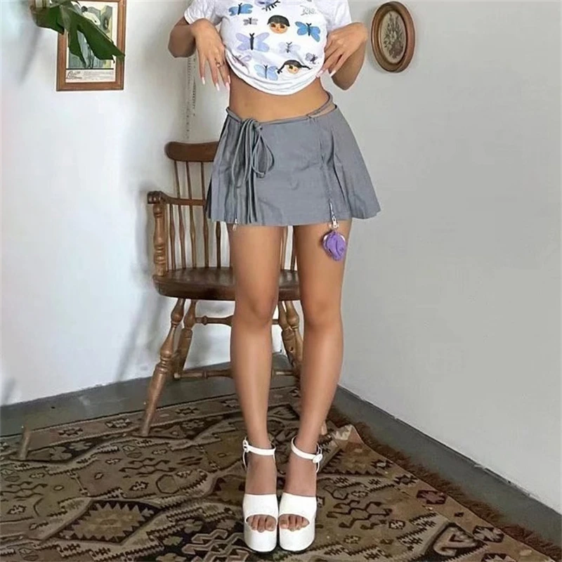 TARUXY New Y2k Mini Skirts 90s Cute Streetwear Casual Grey Pleated Skirts With Belt Hot Zipped A-Line Women Short Skirt Summer