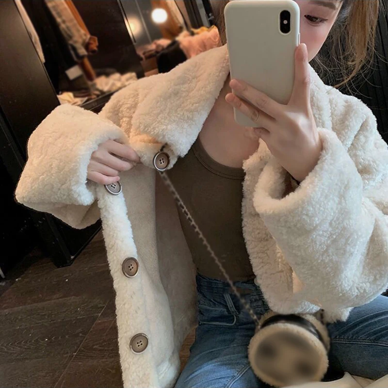 Artificial Lamb Plush Jacket Women Autumn Winter Long Sleeve Loose Stand Collar Sweet Coat Comfort Warm Jacket for Women