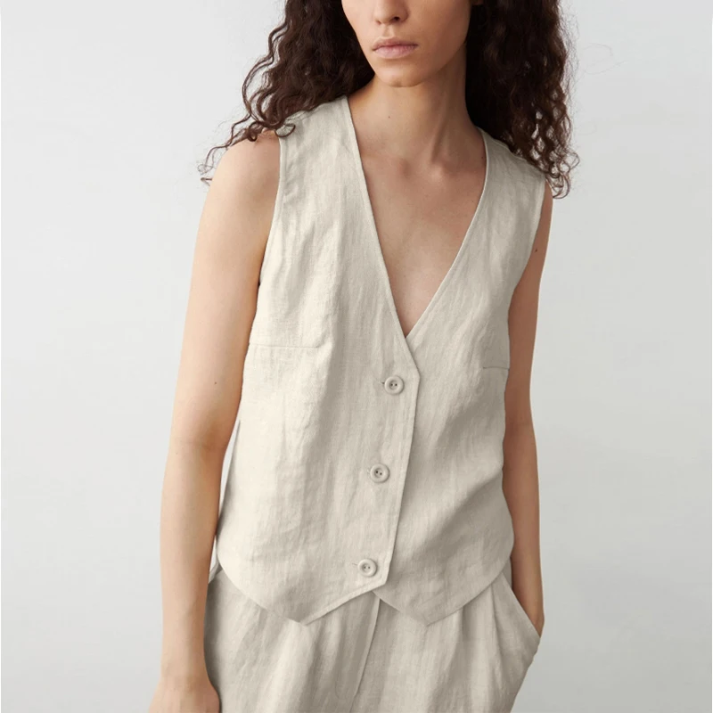 

Летний женский жилет из 100% льна, новый однотонный топ в стиле ретро с v-образным вырезом, без рукавов, на пуговицах, облегающий женский наряд для поездок на работу, ropa de mujer