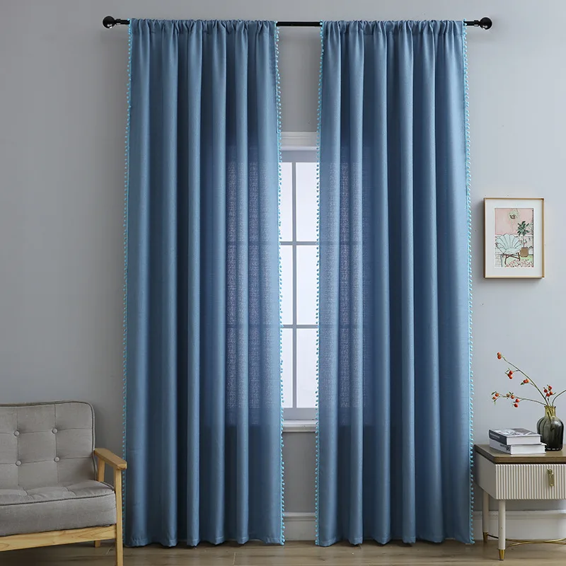 

Curtain Solid Semi-sheer Curtains for Living Room with Pompom Modern Style Bedroom Window Treatment Simple 2 Panels Length 260cm