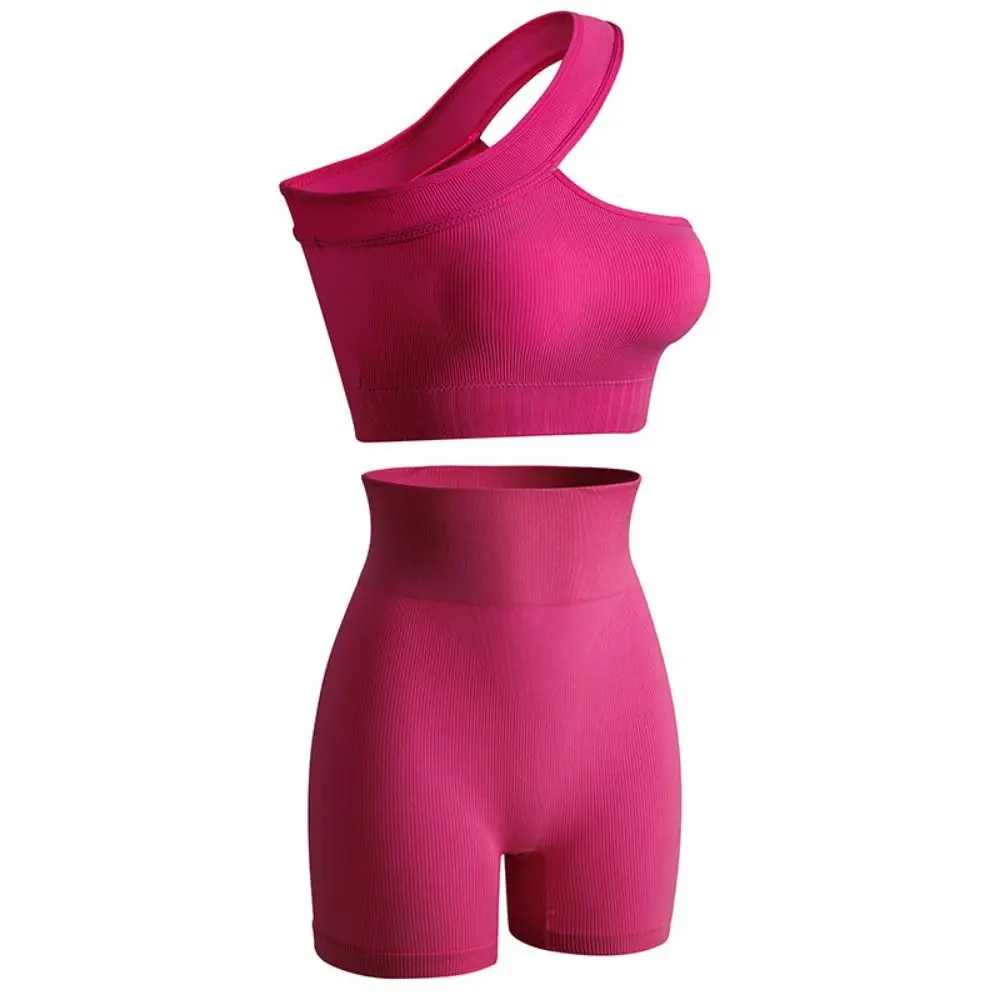 

2Pcs Reusable Seamless Women Workout Sets High Waist Ribbed Active Wear Tank Tops One Shoulder Sports Bra Running