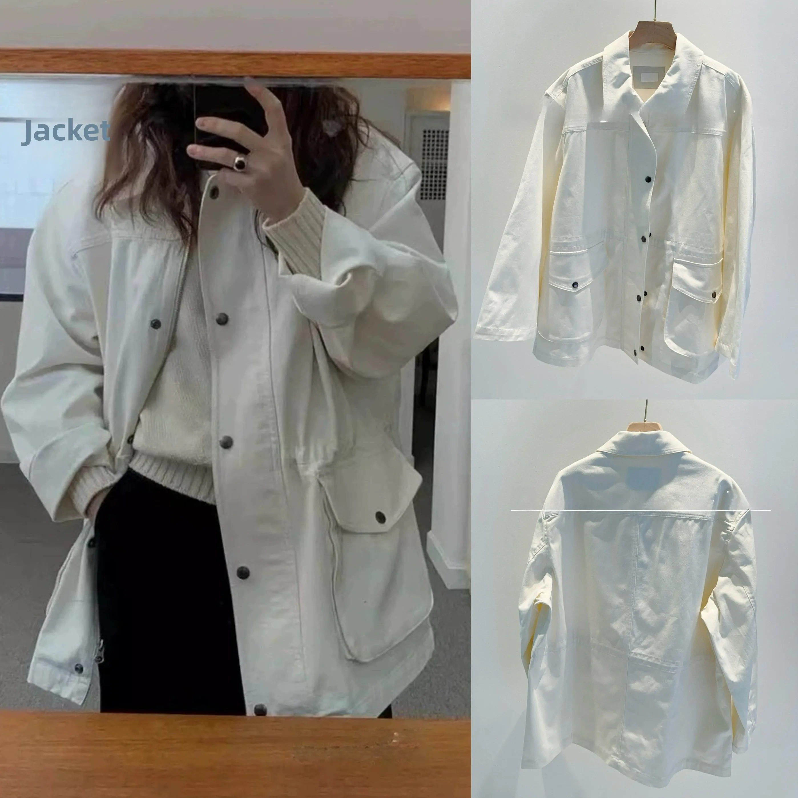 

Casual Vintage Workwear Sle Jaet Coat Stand Collar Long Sve Mid-Length Zipper Cotton 00% Autumn Faion Women's Coat