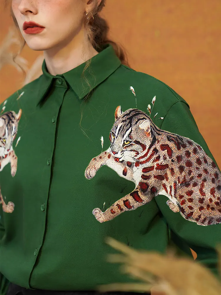 

100-108cm Bust Spring Fall Loose Green Shirts Original Design Women Vintage All-match Leopard Jacquard Cotton Shirts/Blouses