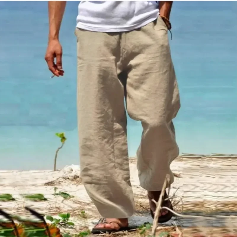 

2025 New Men's Cotton Linen Pants Summer Solid Color Breathable Linen Trousers Male Casual Elastic Waist Fitness Pants