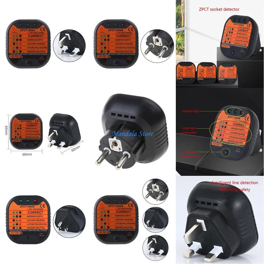 

U2JC GFCI Tester Receptacle Tester II 300V Outlet Tester 48V-250V UK/EU-/US Electrical Socket Tester with LED