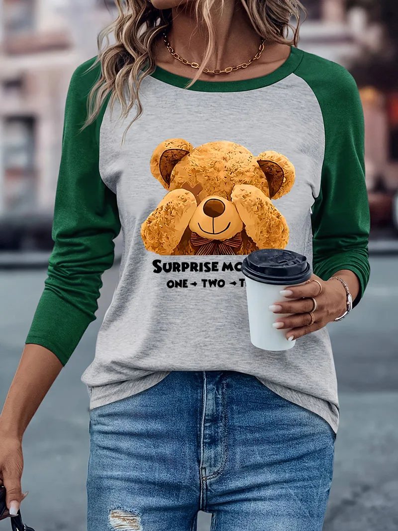 Hip-Hop-Bären-Print Lässiges Langarm-T-Shirt, Locker Geschnittenes Streetwear-Winter-Herbst-Grafik-Langarmshirt, Bequemes T-Shirt für Damen