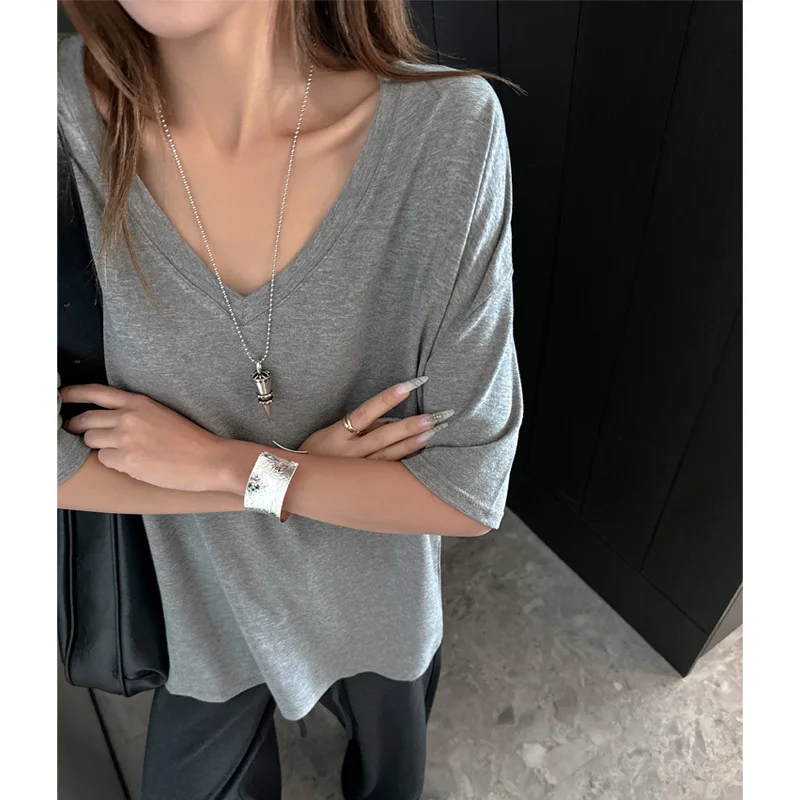 

Summer Shoulder Sleeves V-neck Short-sleeved T-shirt Women's Basic Outer Wear Premium Lazy Style Top