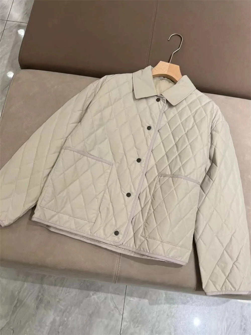 Casual Diamond Checkered Down Jacket Coat Female Lapel Jacket Tops B/C New